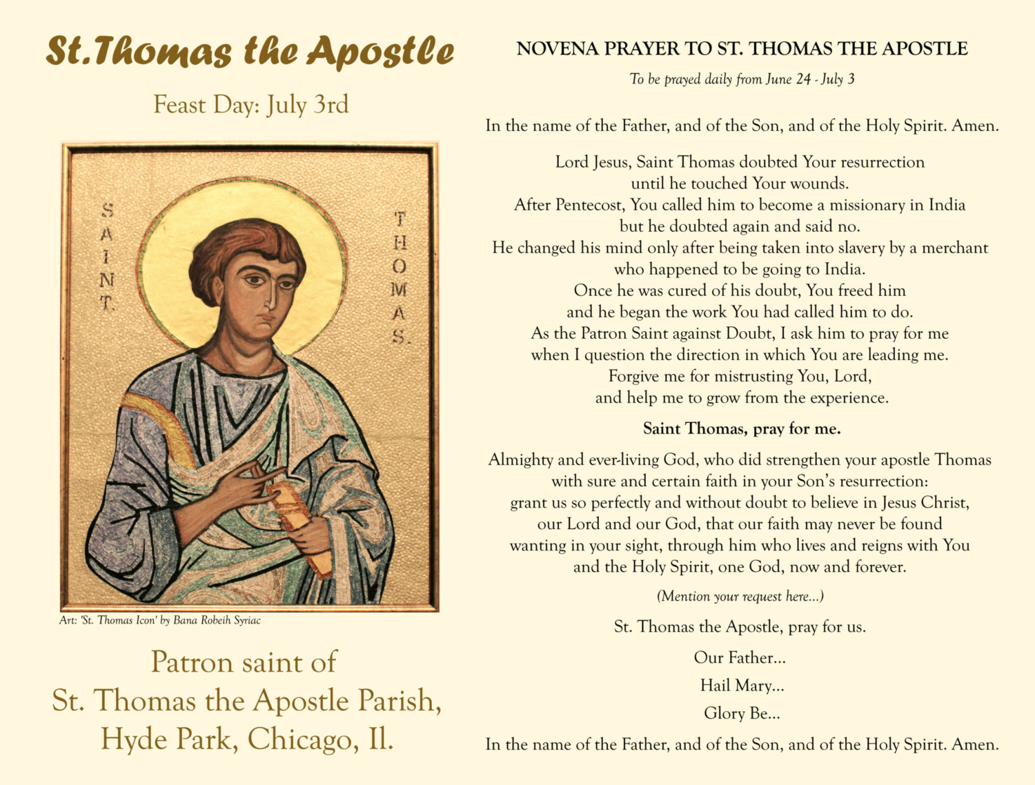 Prayer to St. Thomas, the Apostle (doubting Thomas) Keash Parish